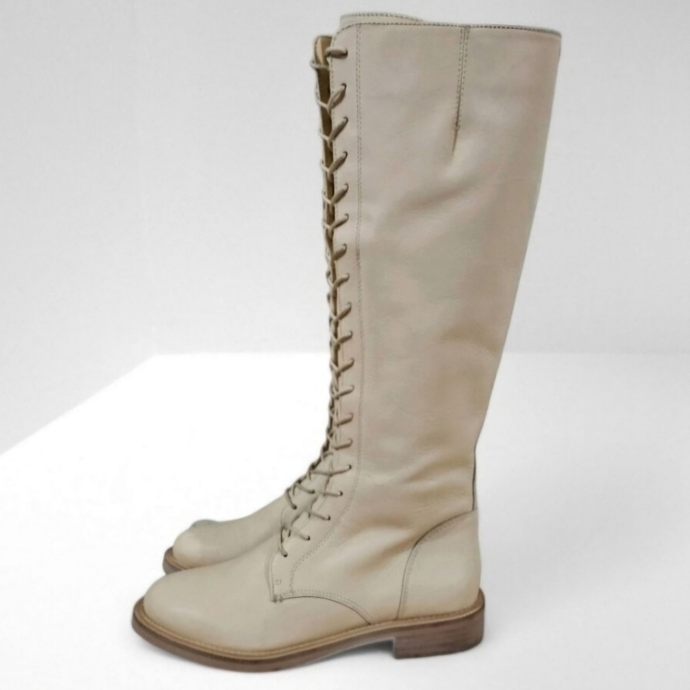 Sam Edelman Boot Nance Knee High Lace Up Womens Shoe Eggshell Leather Size 7